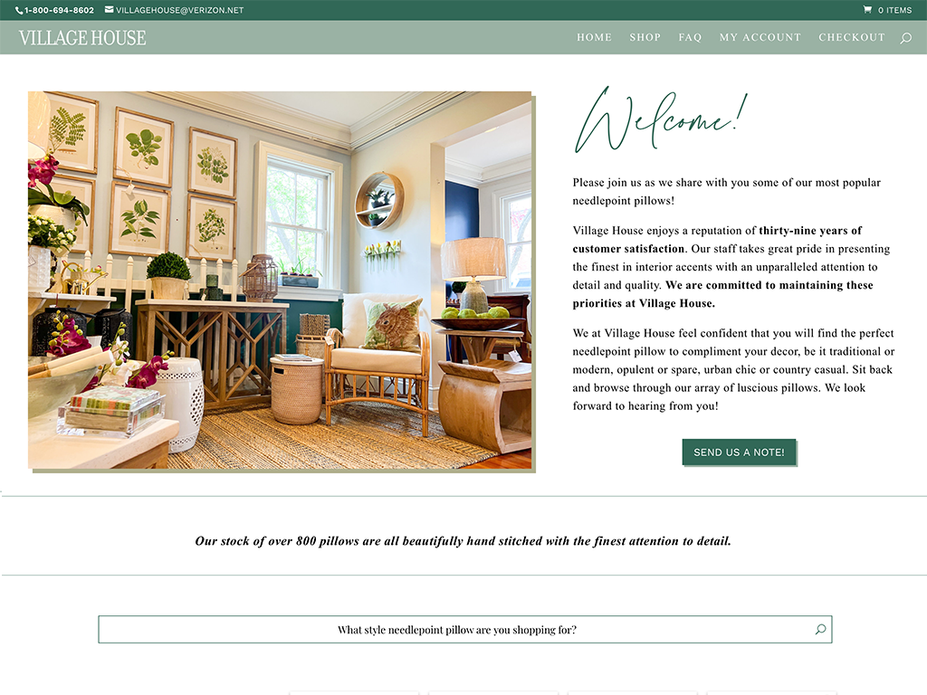 Village House Pillows Website Screenshot
